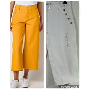 Womens Mid Rise Cropped Pants White Gold‎ Buttons Stretch Sailor Nautical 10 NWT